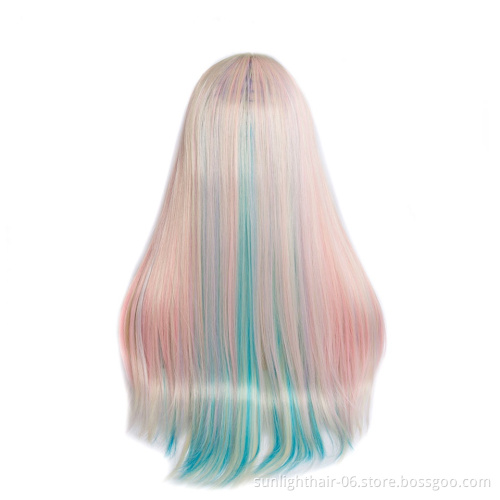 Cheap synthetic lace front Wigs Rainbow colored hair for party Heat Resistant Synthetic Fiber hair with lace front Wig cosplay